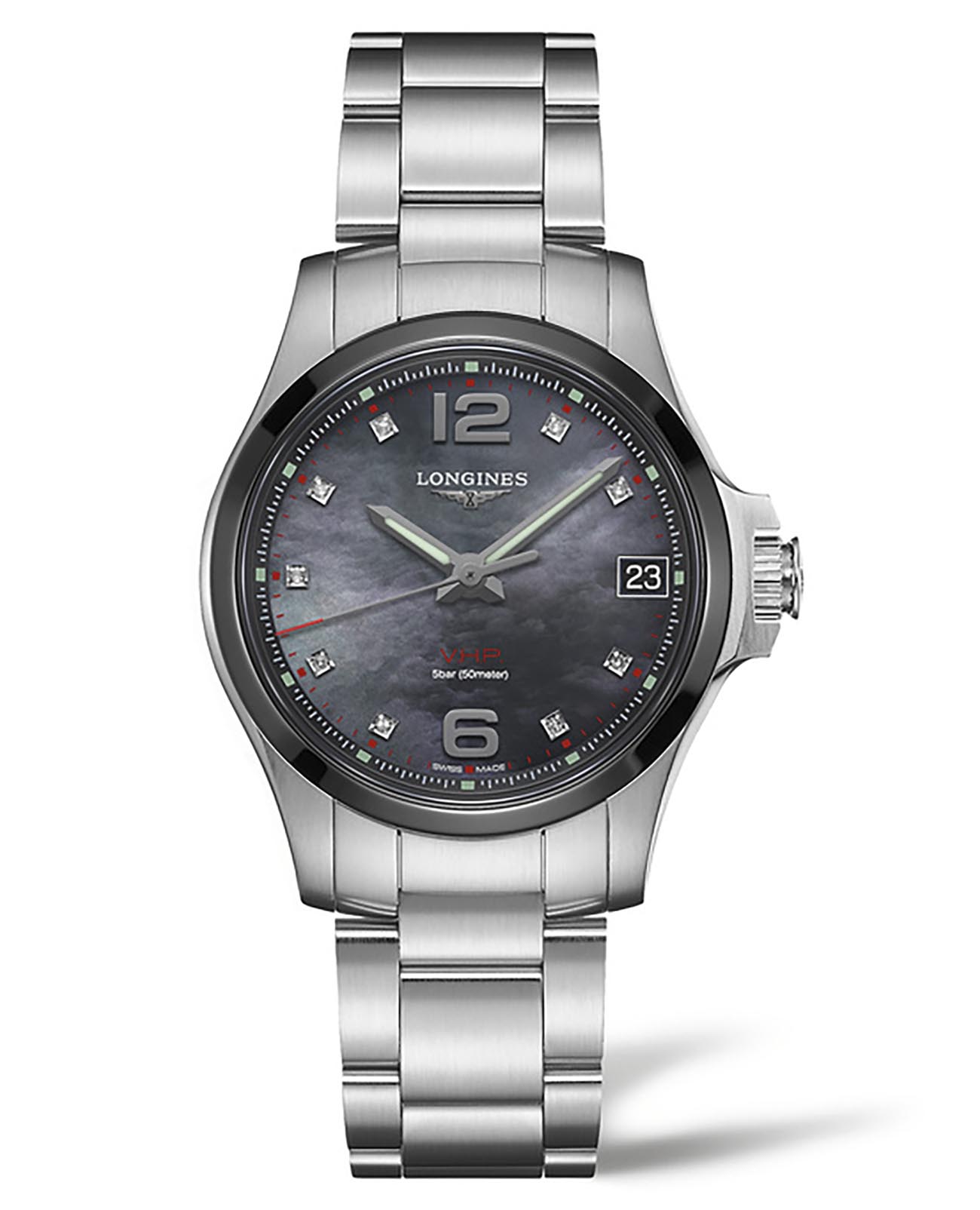 Longines Longines Conquest V.H.P. L3.319.4.88.6  L33194886 кварцевые женские часы черный циферблат, браслет нержавеющая сталь — вид спереди